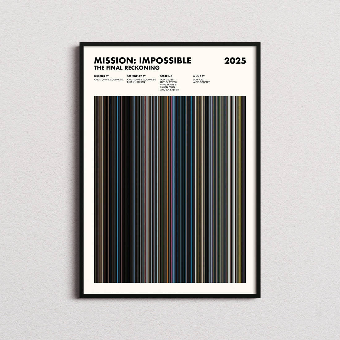 Mission: Impossible The Final Reckoning Movie Barcode Poster framed on a plain studio wall