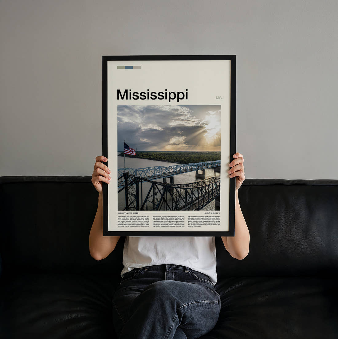 Mississippi Steel Truss Bridge Travel Print held up by hand to show the size of the print
