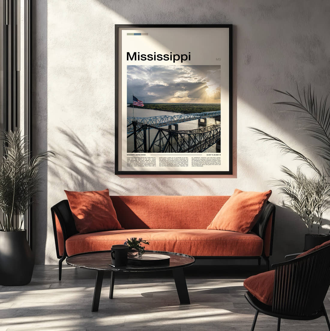 Mississippi Steel Truss Bridge Travel Print framed on the wall of a modern living room
