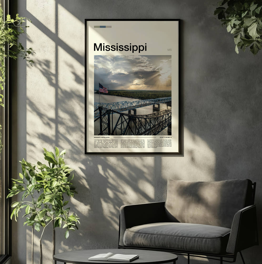 Mississippi Steel Truss Bridge Travel Print framed on the wall of a relaxed living room