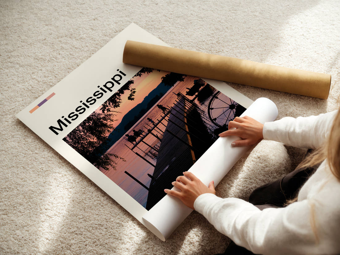 Mississippi Pier At Sunset Travel Print being unrolled from its postal tube