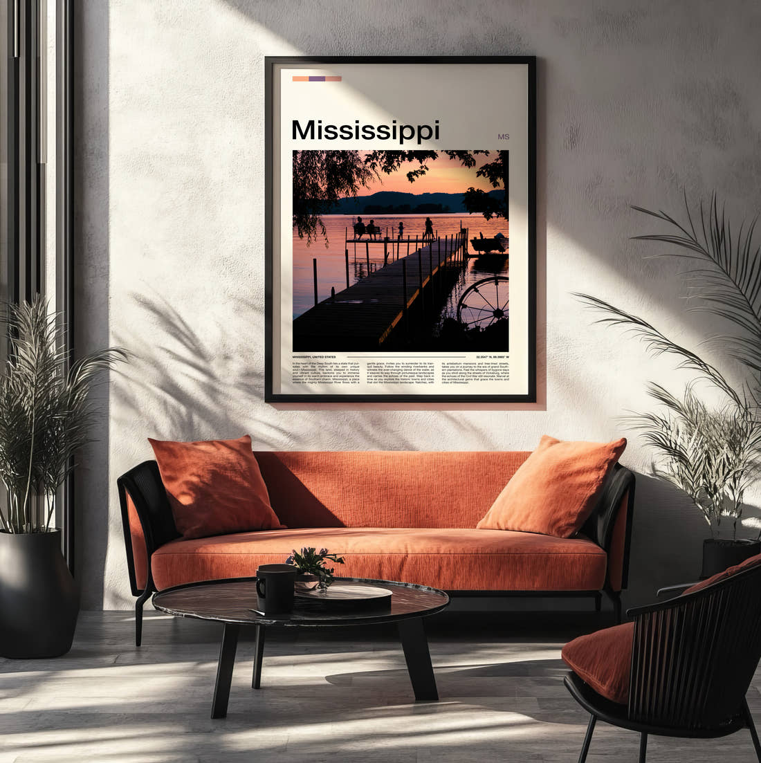 Mississippi Pier At Sunset Travel Print framed on the wall of a modern living room