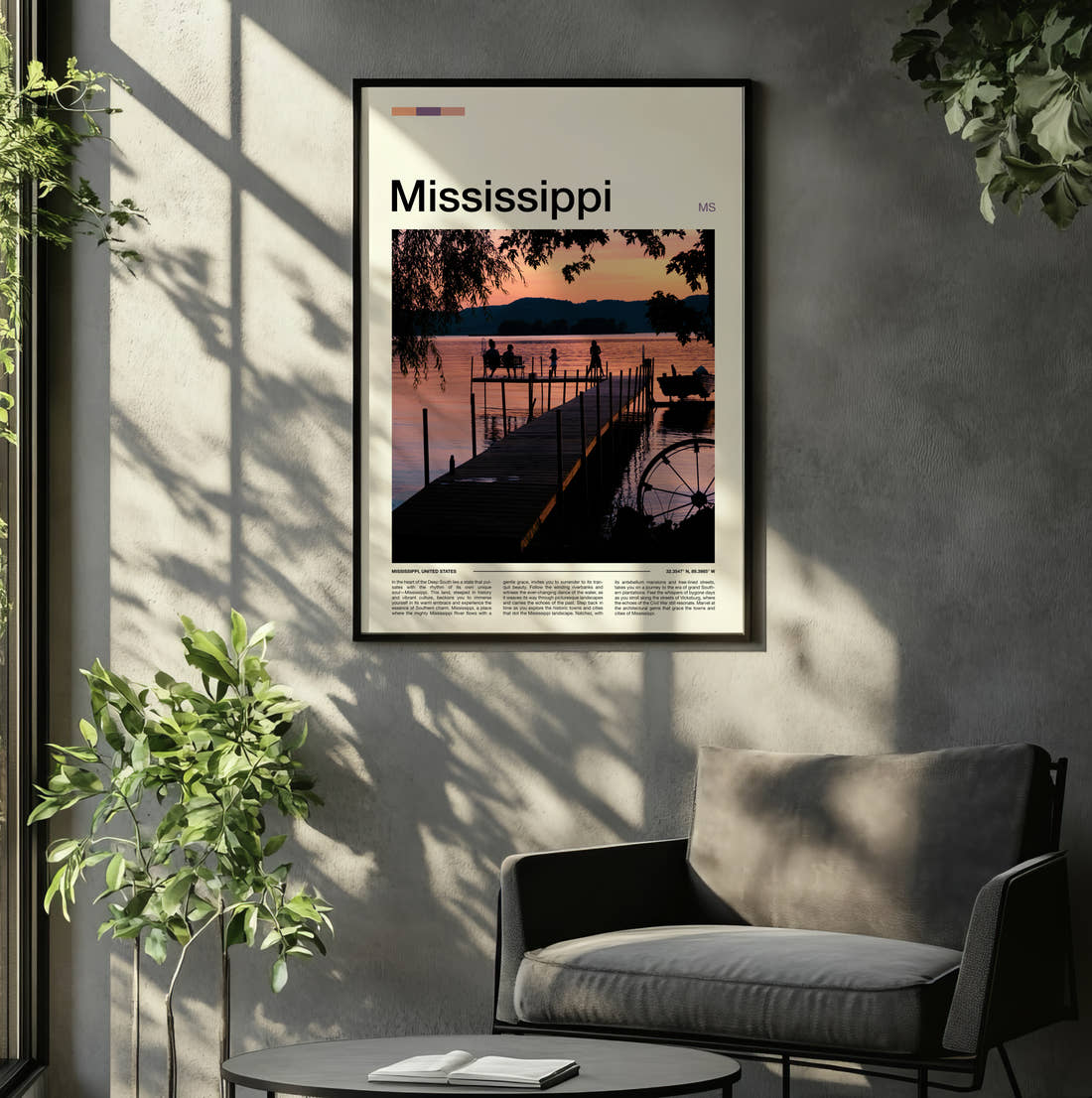 Mississippi Pier At Sunset Travel Print framed on the wall of a relaxed living room