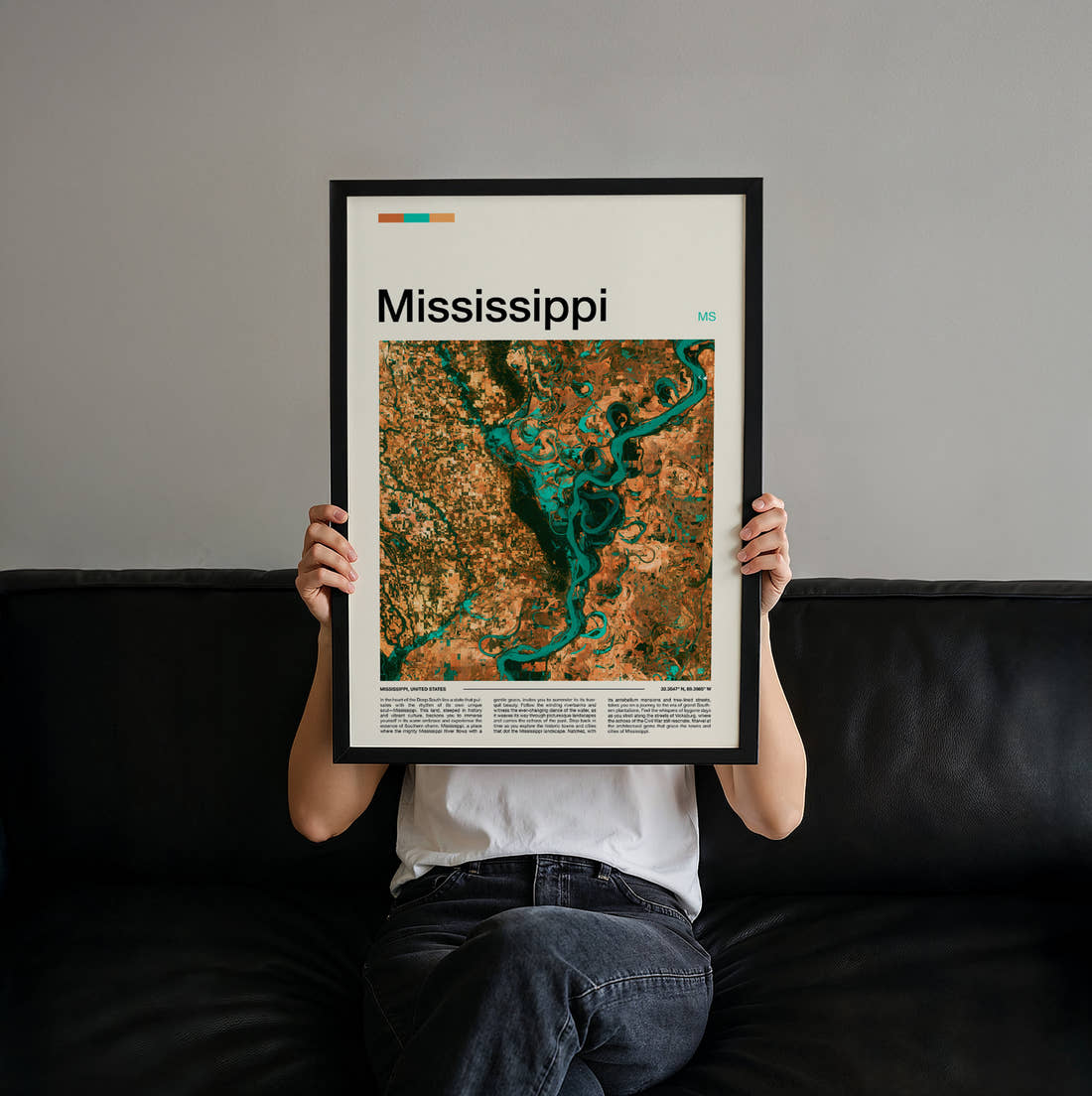 Mississippi Meandering River Travel Print held up by hand to show the size of the print