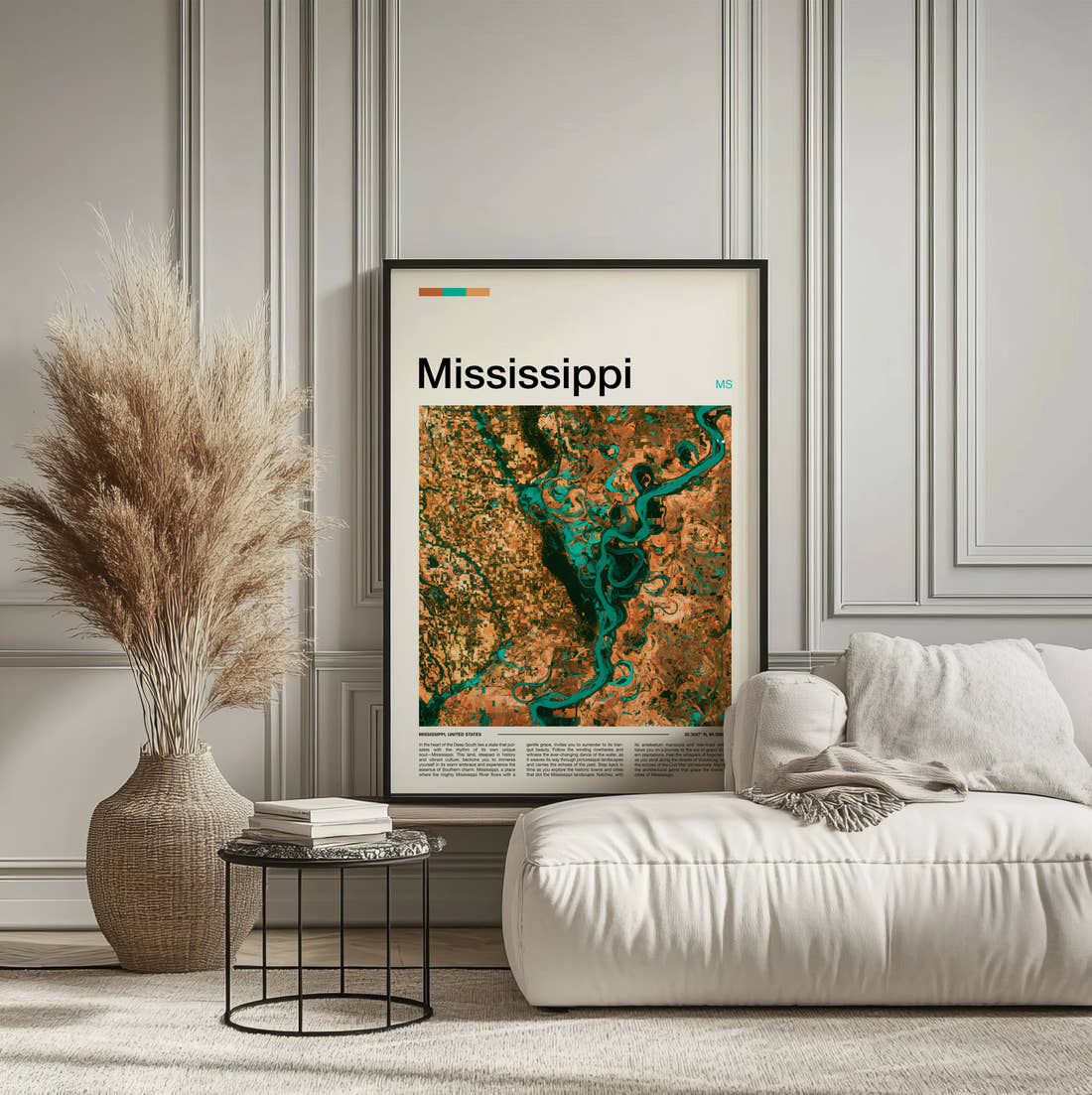 Mississippi Meandering River Travel Print framed on the wall of a calm, neutral bedroom