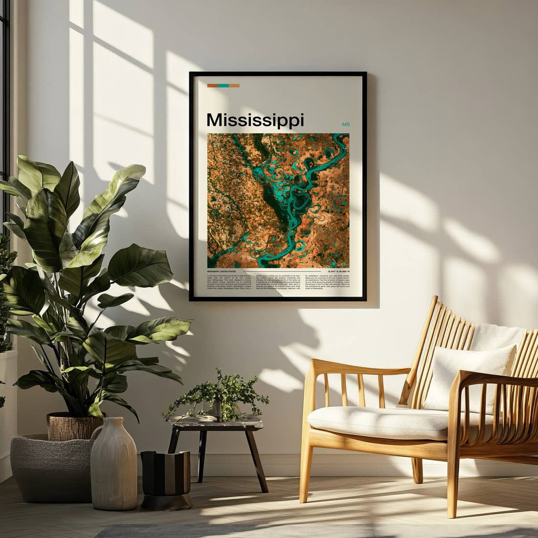 Mississippi Meandering River Travel Print framed on a pale wall beside houseplants