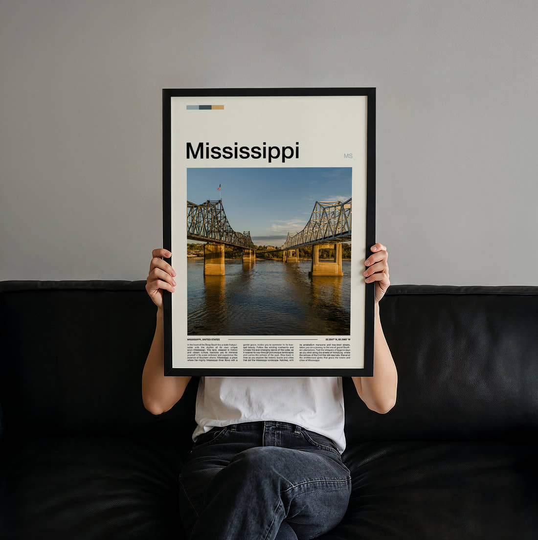 Mississippi Two Bridges Travel Print held up by hand to show the size of the print