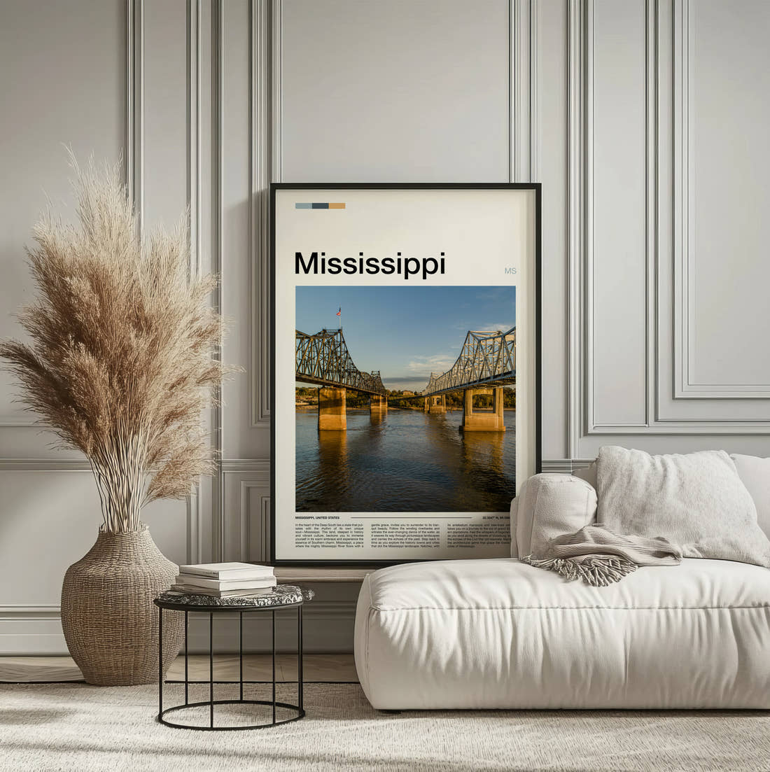 Mississippi Two Bridges Travel Print framed on the wall of a calm, neutral bedroom
