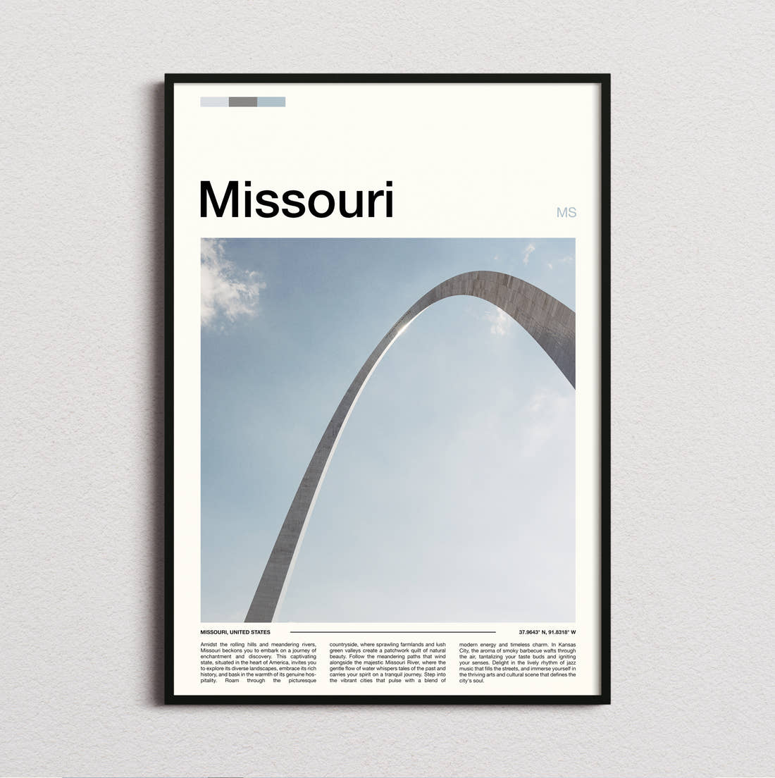 Missouri Gateway Arch Travel Print framed and photographed straight on