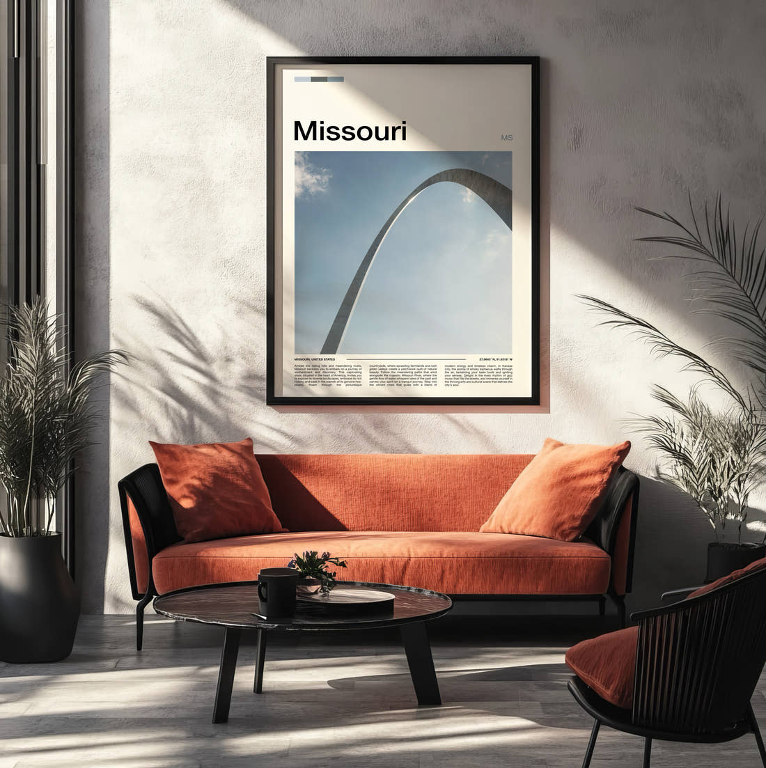 Missouri Gateway Arch Travel Print framed on the wall of a modern living room