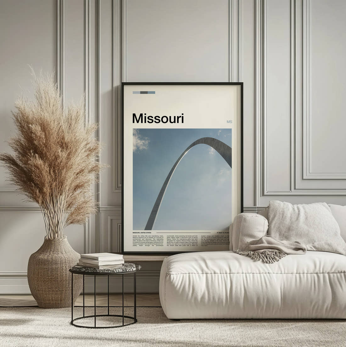 Missouri Gateway Arch Travel Print framed on the wall of a calm, neutral bedroom