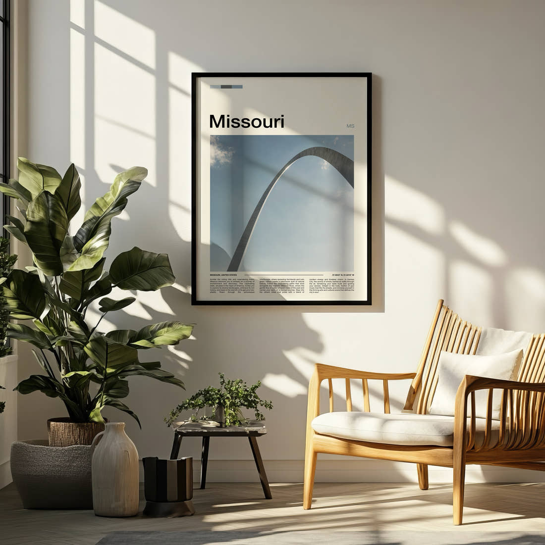 Missouri Gateway Arch Travel Print framed on a pale wall beside houseplants