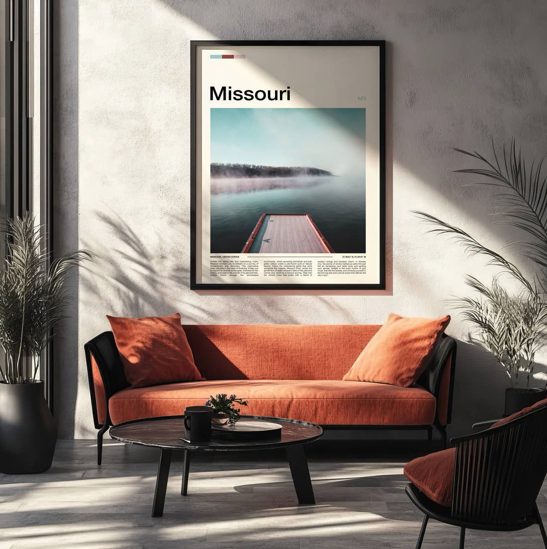 Missouri Misty Lake Pier Travel Print framed on the wall of a modern living room