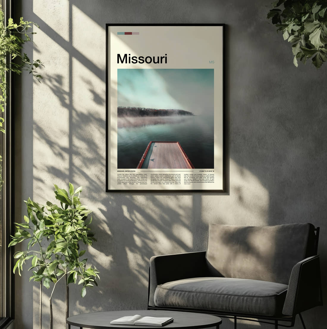 Missouri Misty Lake Pier Travel Print framed on the wall of a relaxed living room