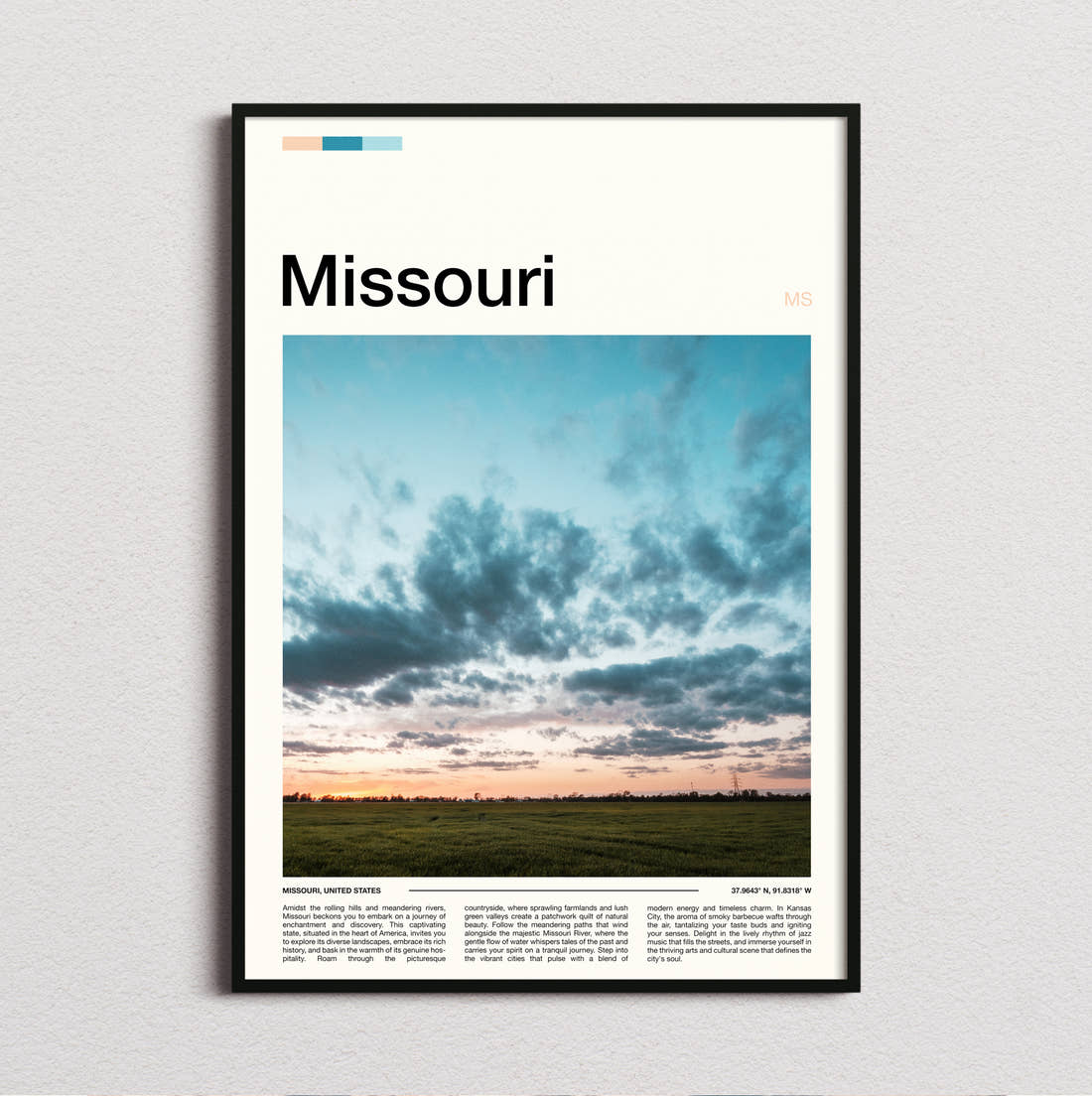 Missouri Dramatic Clouds Travel Print framed and photographed straight on