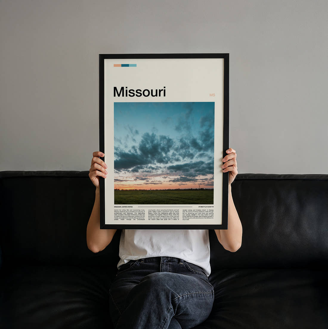Missouri Dramatic Clouds Travel Print held up by hand to show the size of the print