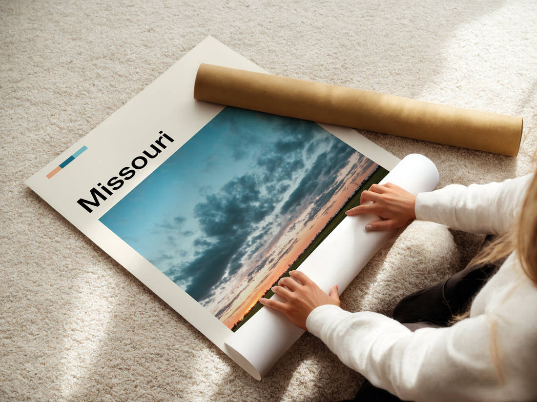 Missouri Dramatic Clouds Travel Print being unrolled from its postal tube
