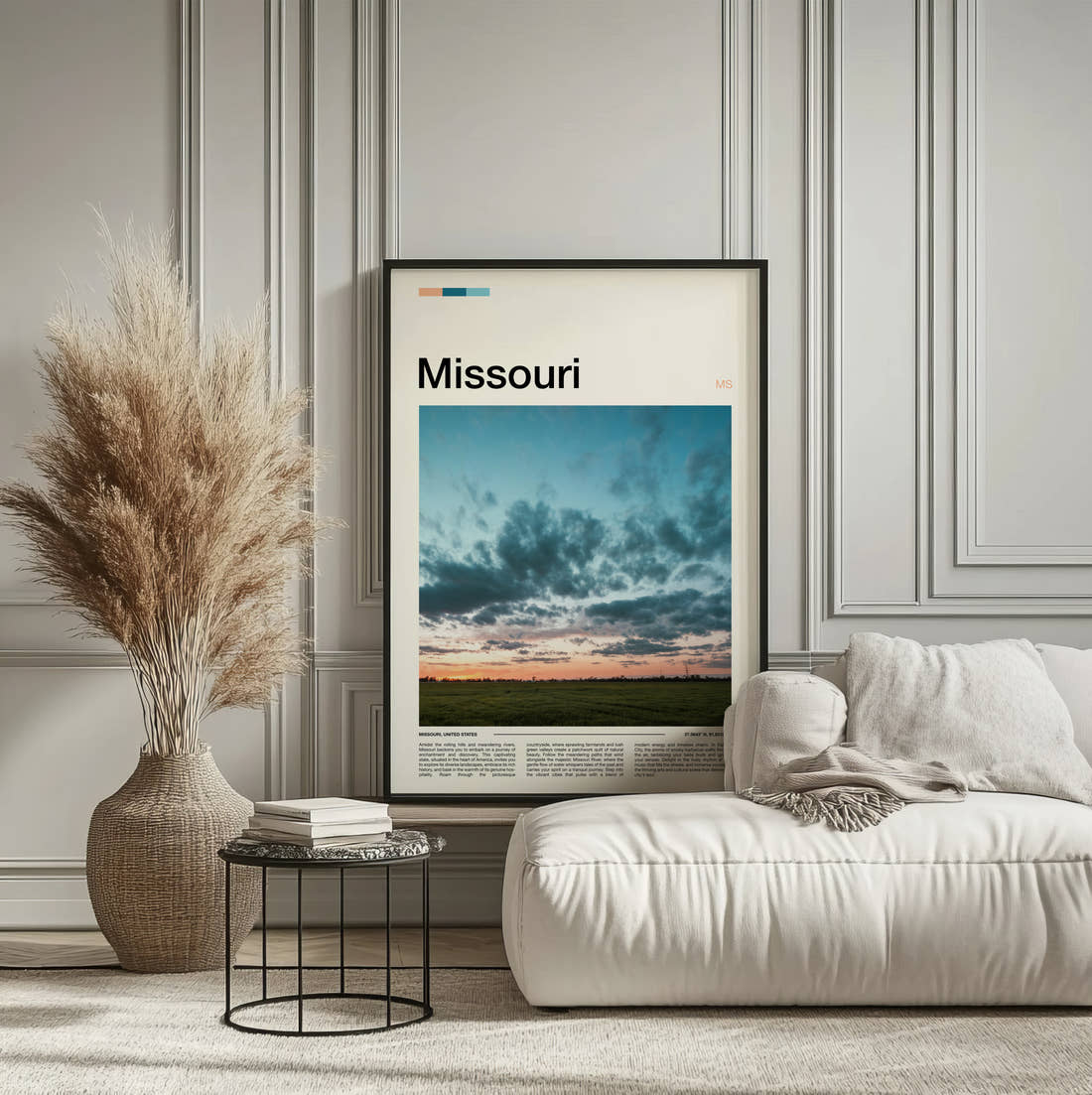 Missouri Dramatic Clouds Travel Print framed on the wall of a calm, neutral bedroom