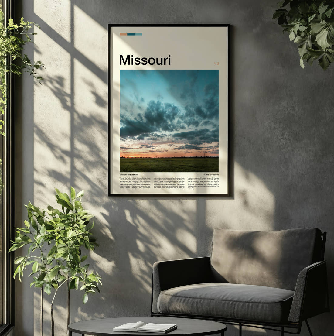 Missouri Dramatic Clouds Travel Print framed on the wall of a relaxed living room