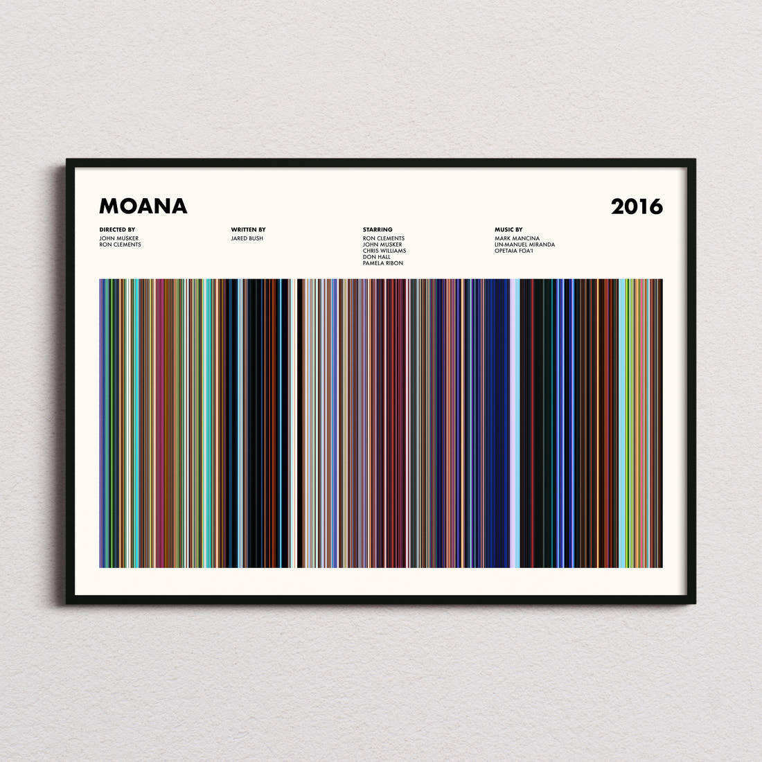 Moana Movie Barcode Poster framed and photographed straight on