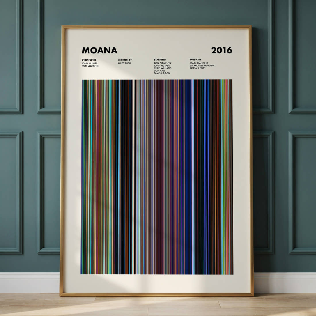 Moana Movie Barcode Poster framed and leaning against a panelled wall