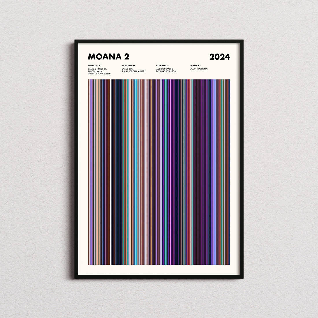 Moana 2 Movie Barcode Poster framed on a plain studio wall