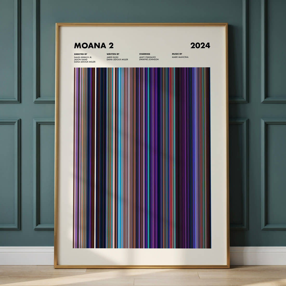 Moana 2 Movie Barcode Poster framed and leaning against a panelled wall