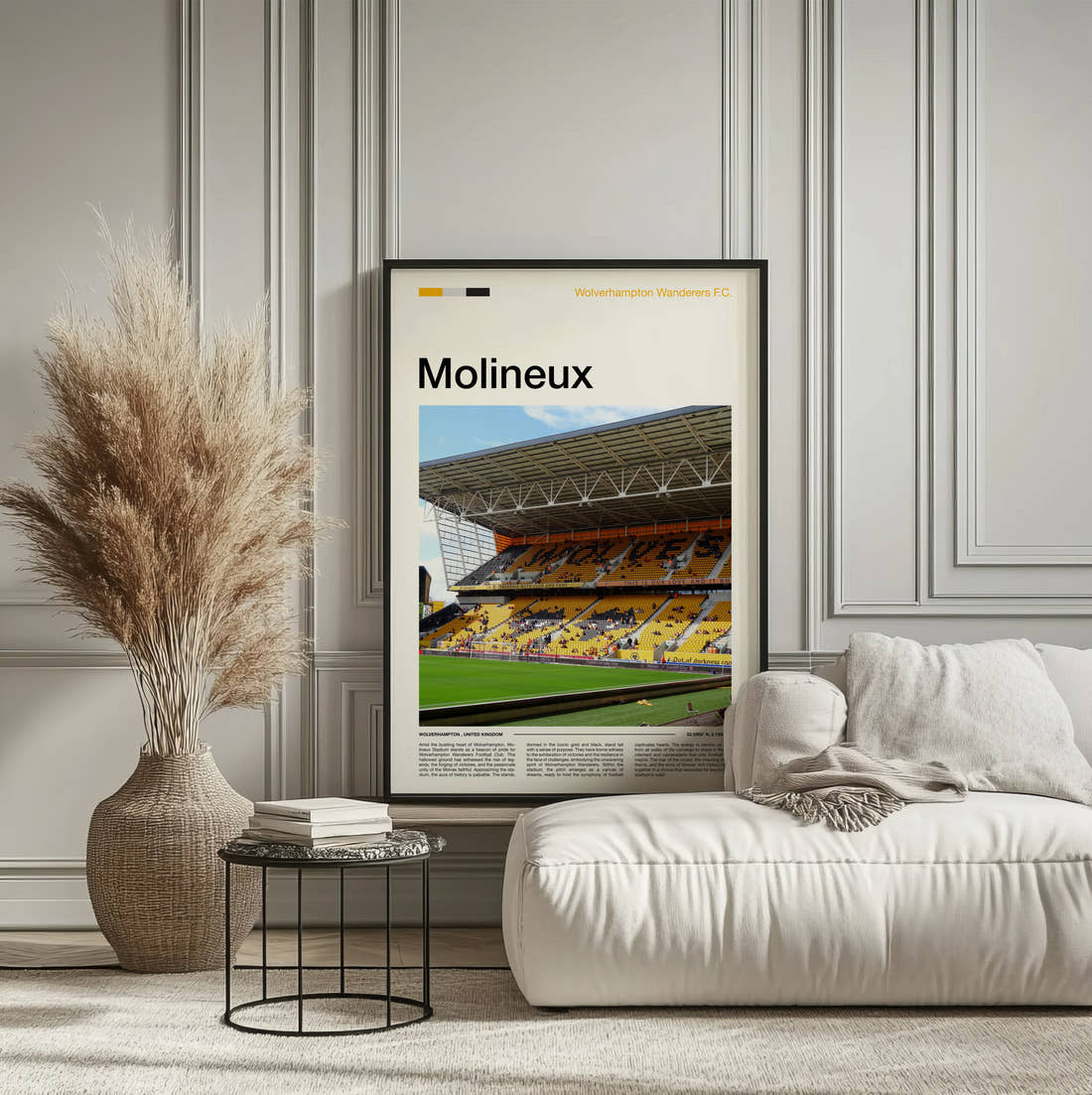 Molineux Stadium Print framed on the wall of a calm, neutral bedroom