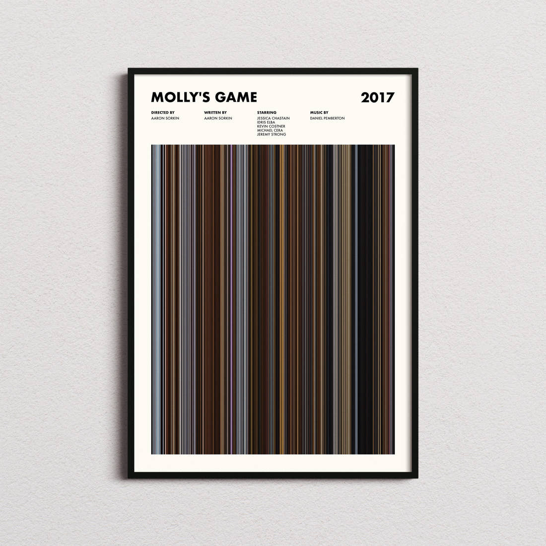 Molly's Game Movie Barcode Poster framed on a plain studio wall