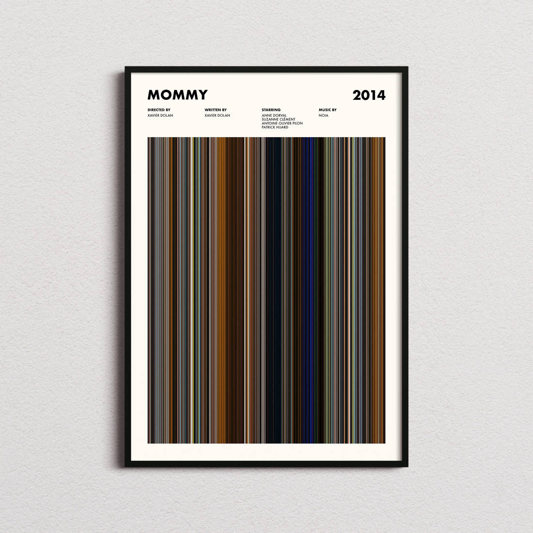 Mommy Movie Barcode Poster framed on a plain studio wall