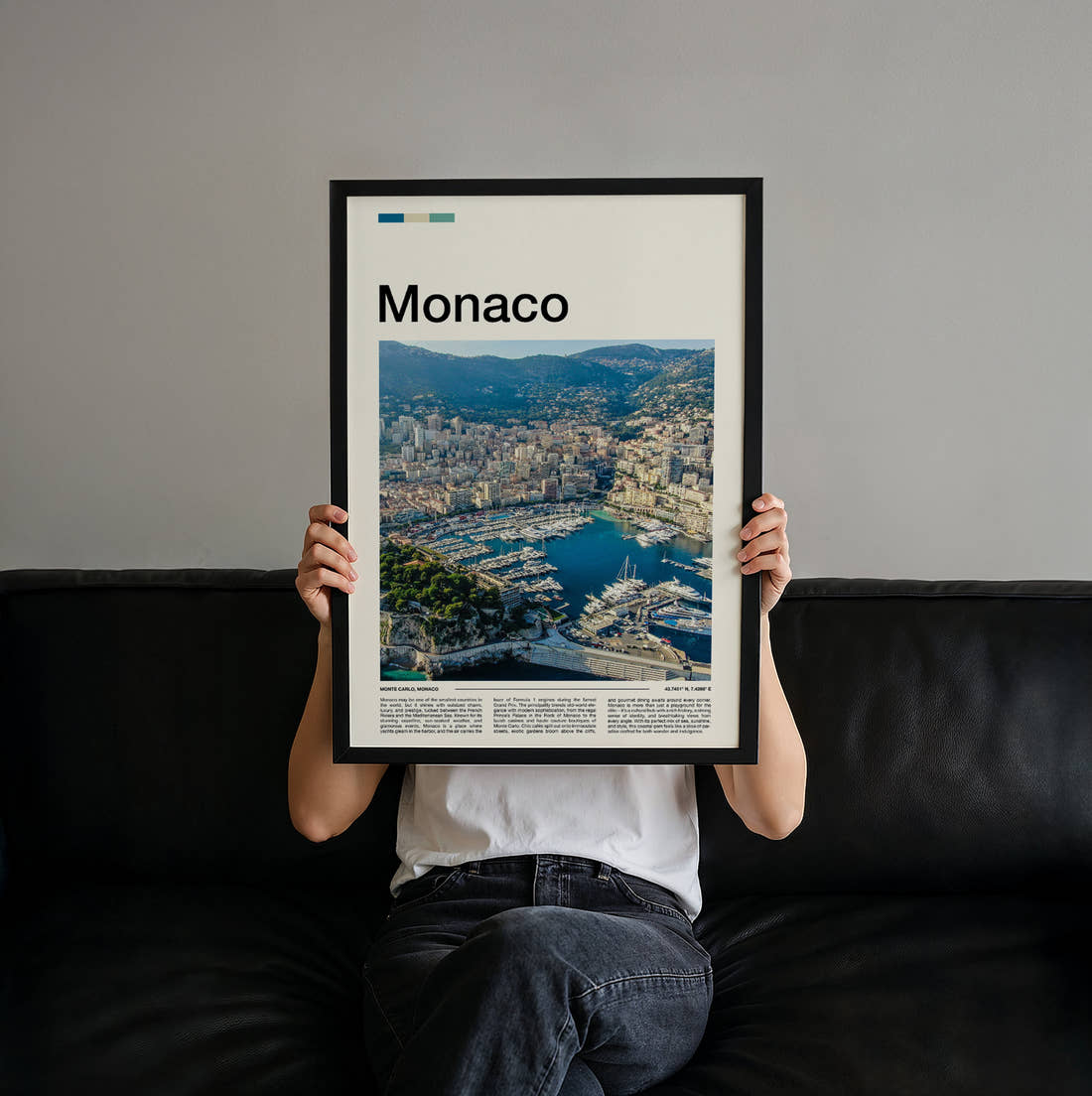 Monaco Harbour From Above Travel Print held up by hand to show the size of the print