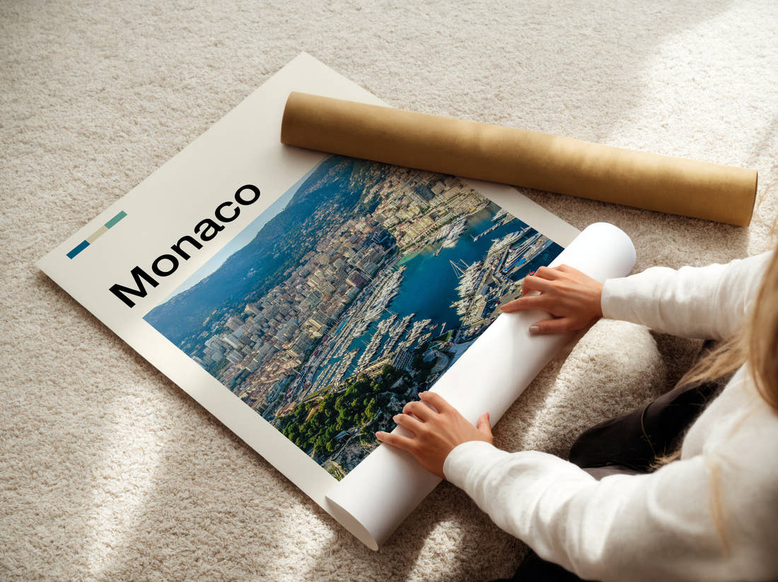 Monaco Harbour From Above Travel Print being unrolled from its postal tube