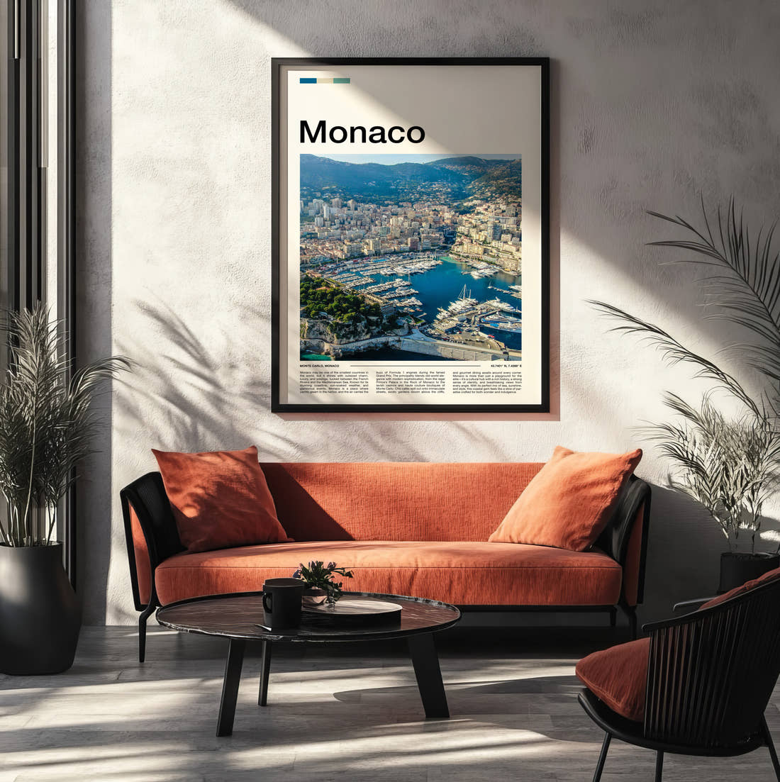 Monaco Harbour From Above Travel Print framed on the wall of a modern living room