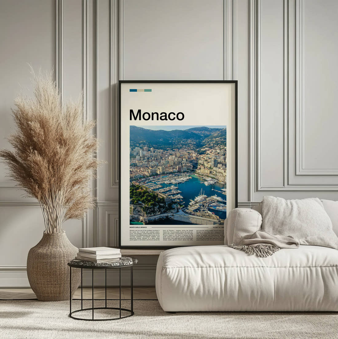 Monaco Harbour From Above Travel Print framed on the wall of a calm, neutral bedroom