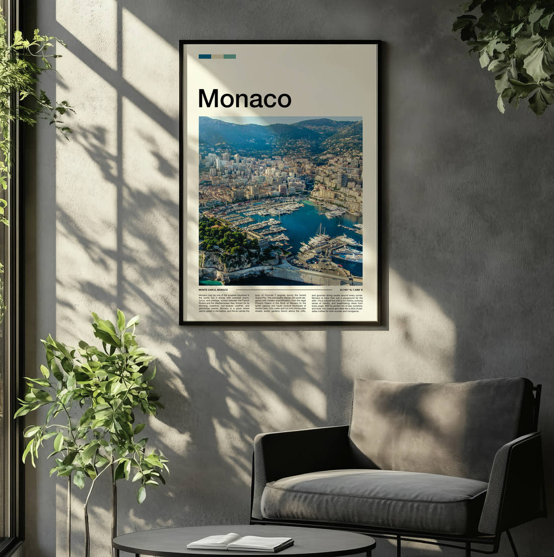 Monaco Harbour From Above Travel Print framed on the wall of a relaxed living room