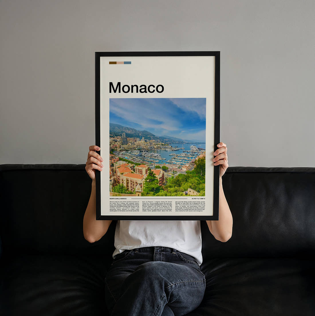 Monaco Marina And Yachts Travel Print held up by hand to show the size of the print