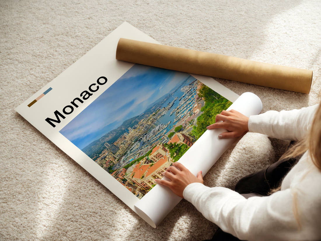 Monaco Marina And Yachts Travel Print being unrolled from its postal tube