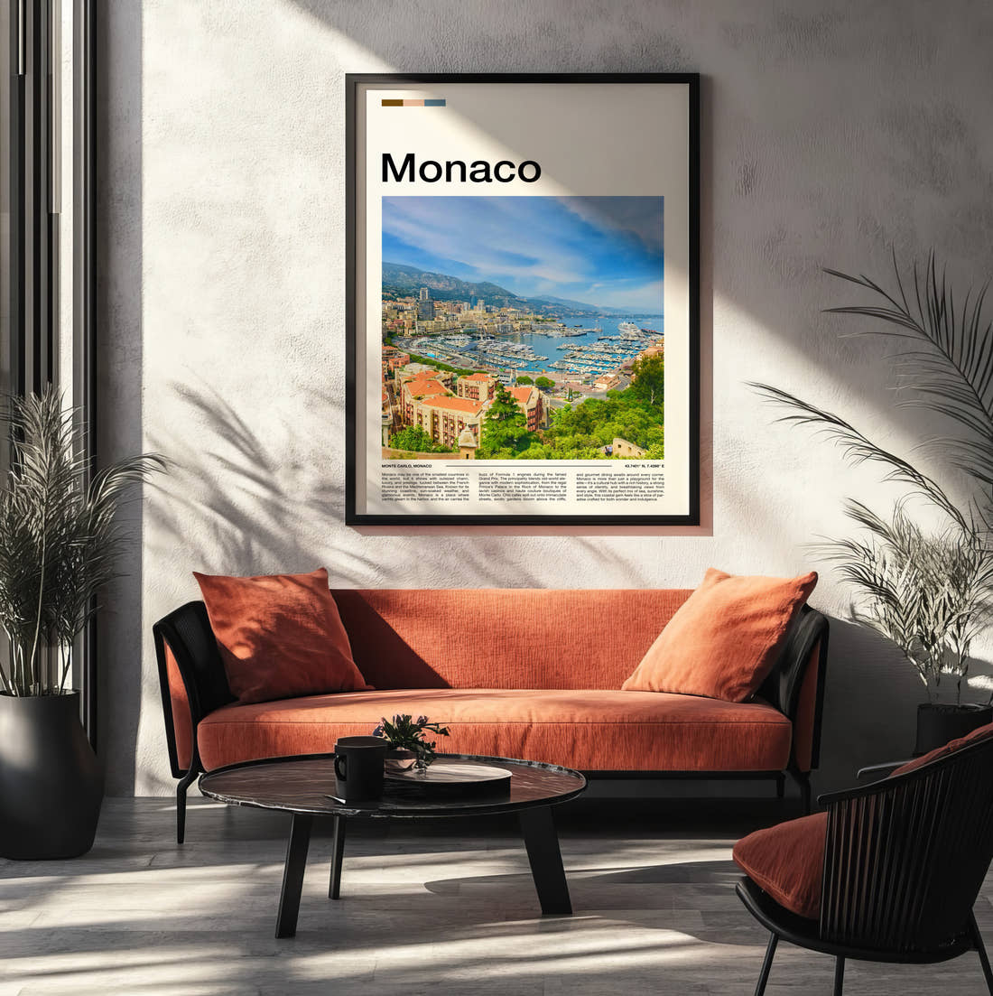 Monaco Marina And Yachts Travel Print framed on the wall of a modern living room