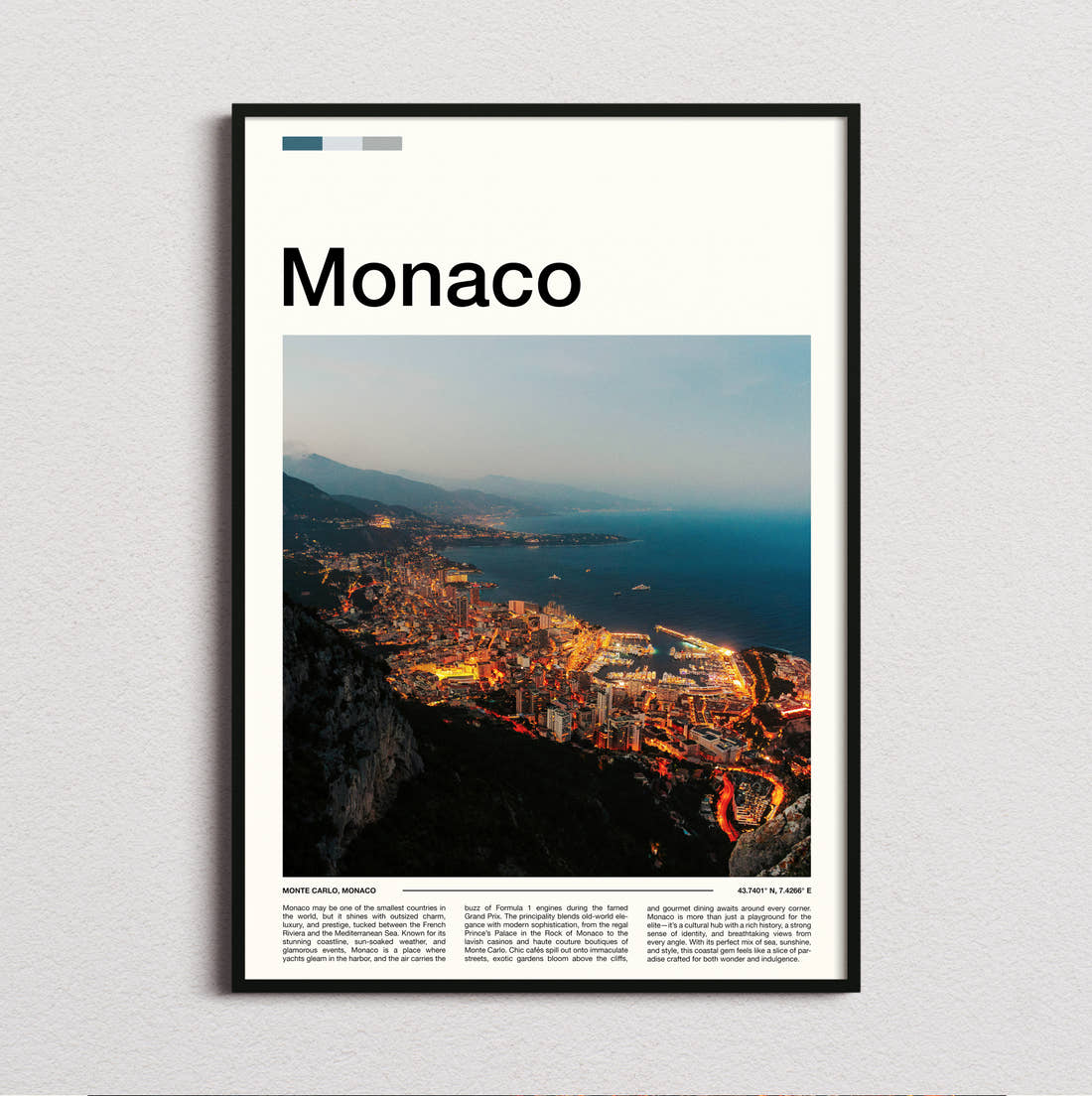 Monaco Coastline At Night Travel Print framed and photographed straight on