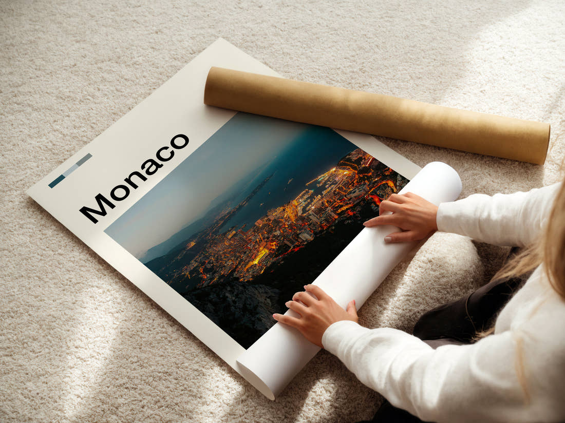 Monaco Coastline At Night Travel Print being unrolled from its postal tube