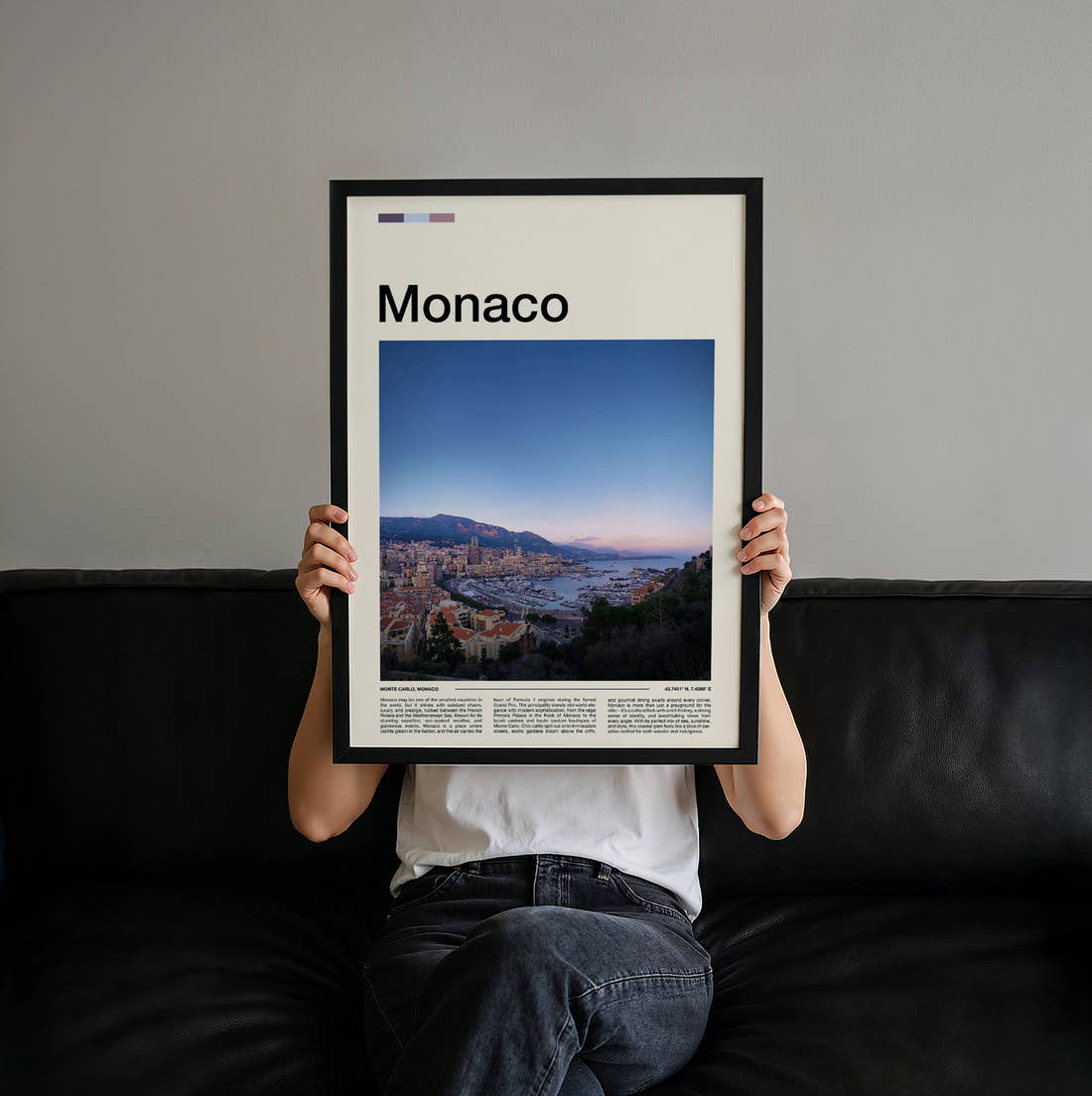 Monaco Harbour And Coastline Travel Print held up by hand to show the size of the print