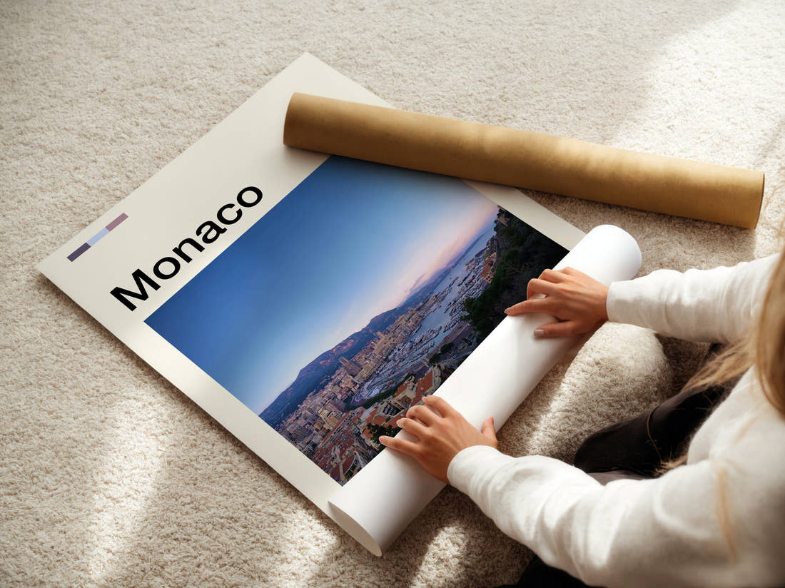Monaco Harbour And Coastline Travel Print being unrolled from its postal tube