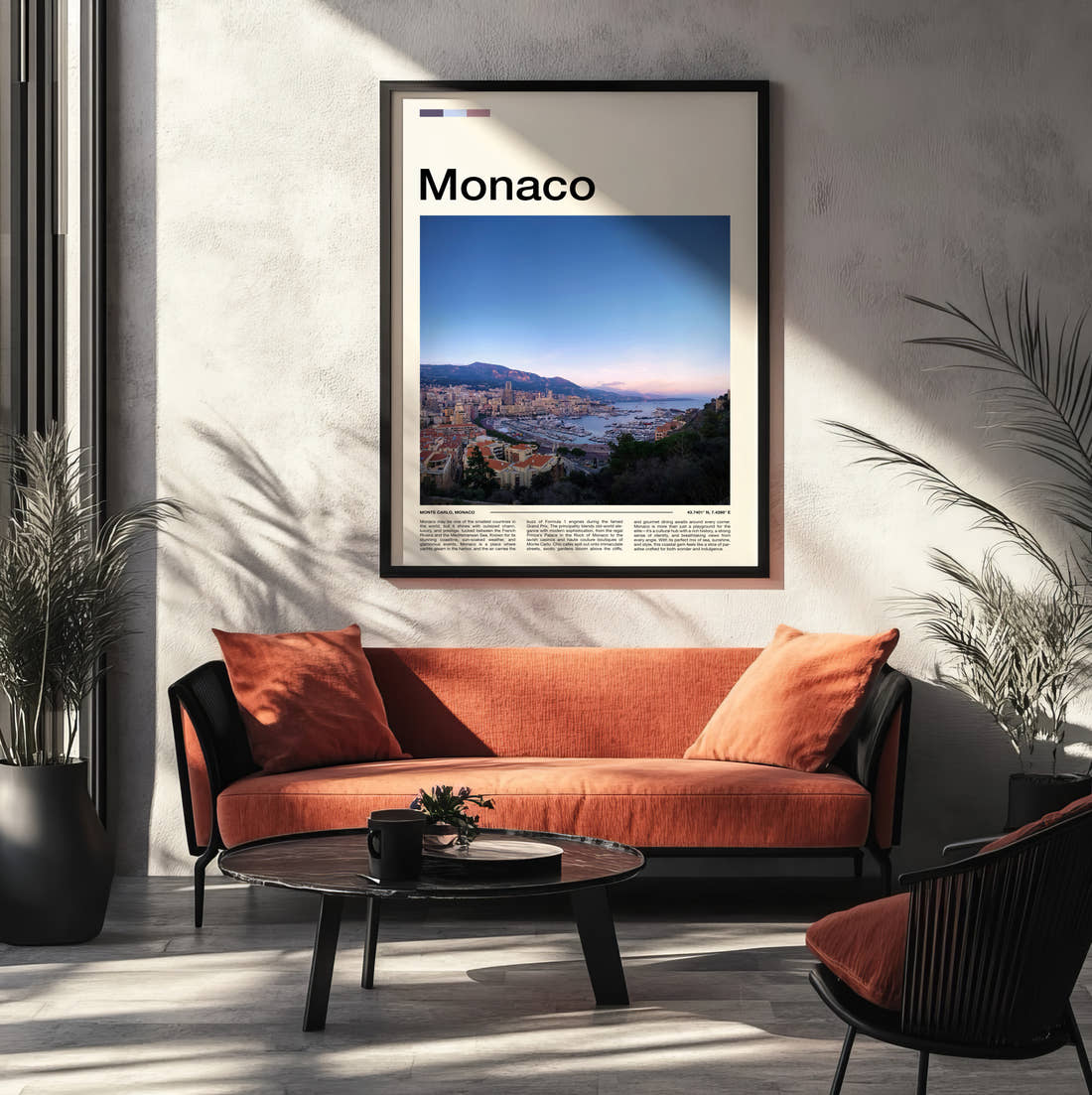 Monaco Harbour And Coastline Travel Print framed on the wall of a modern living room