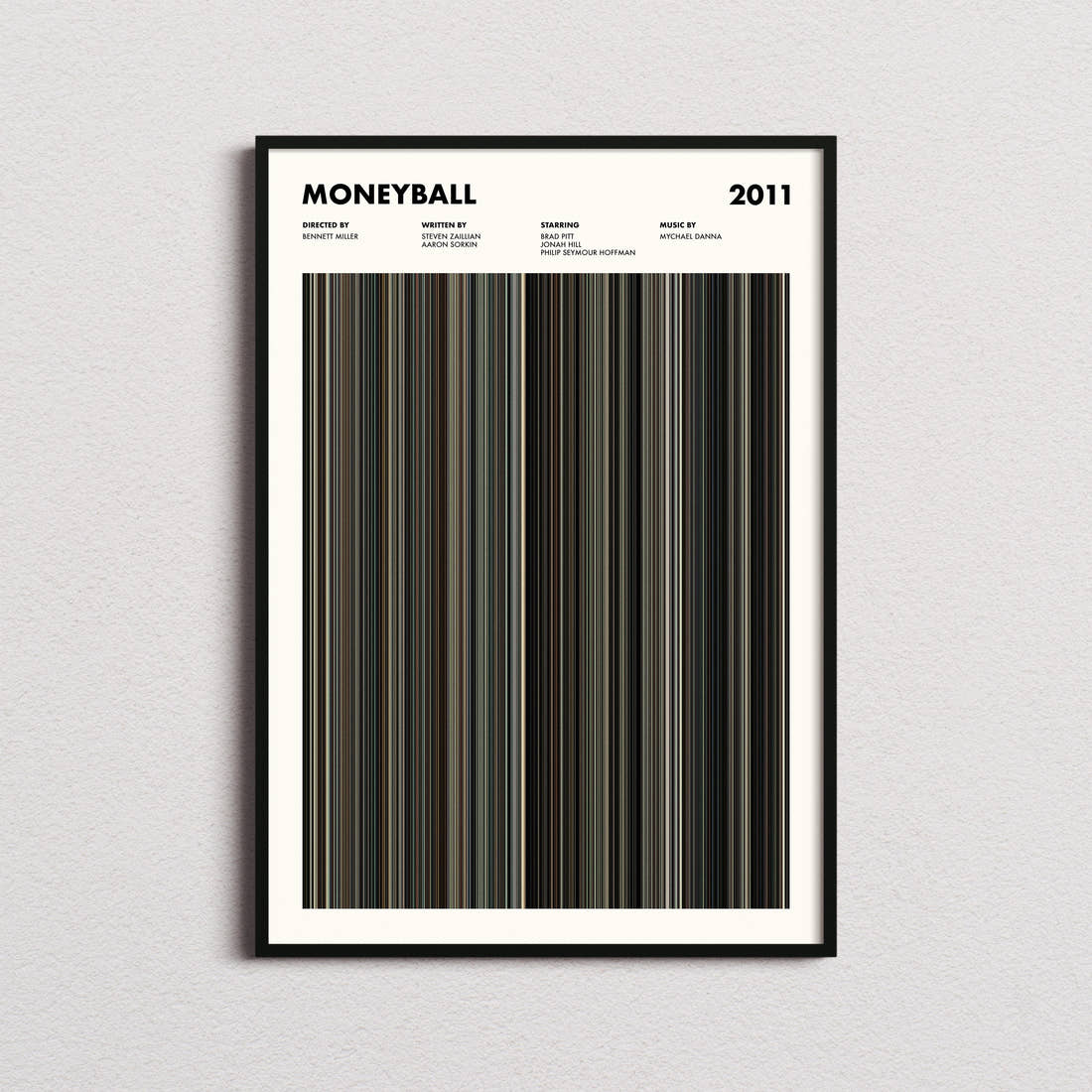 Moneyball Movie Barcode Poster framed on a plain studio wall
