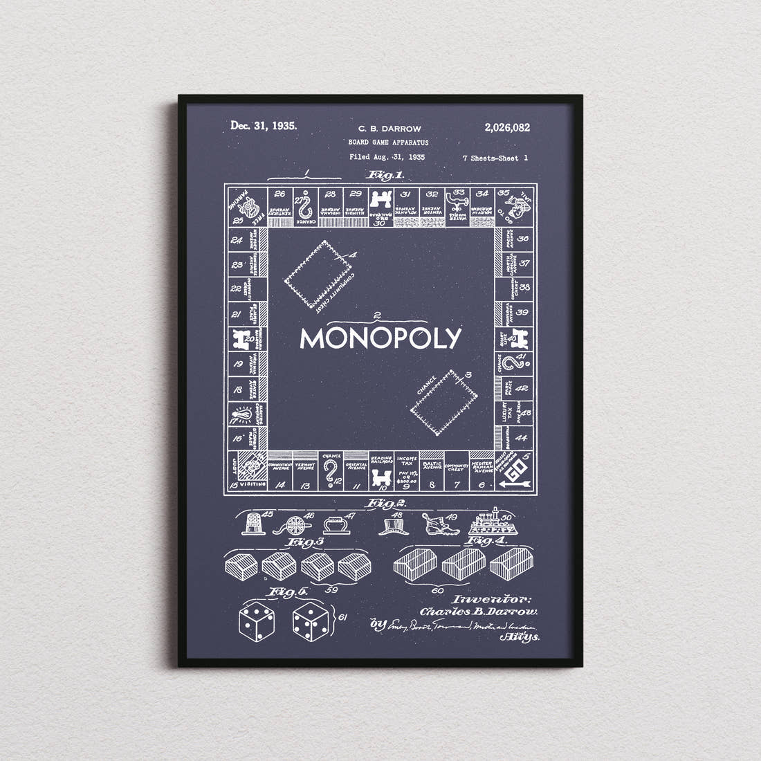 Monopoly Patent Print in the navy colourway, framed