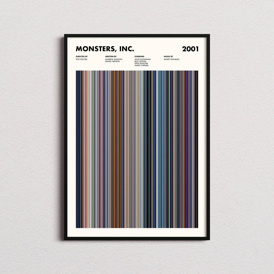 Monsters, Inc. Movie Barcode Poster framed on a plain studio wall