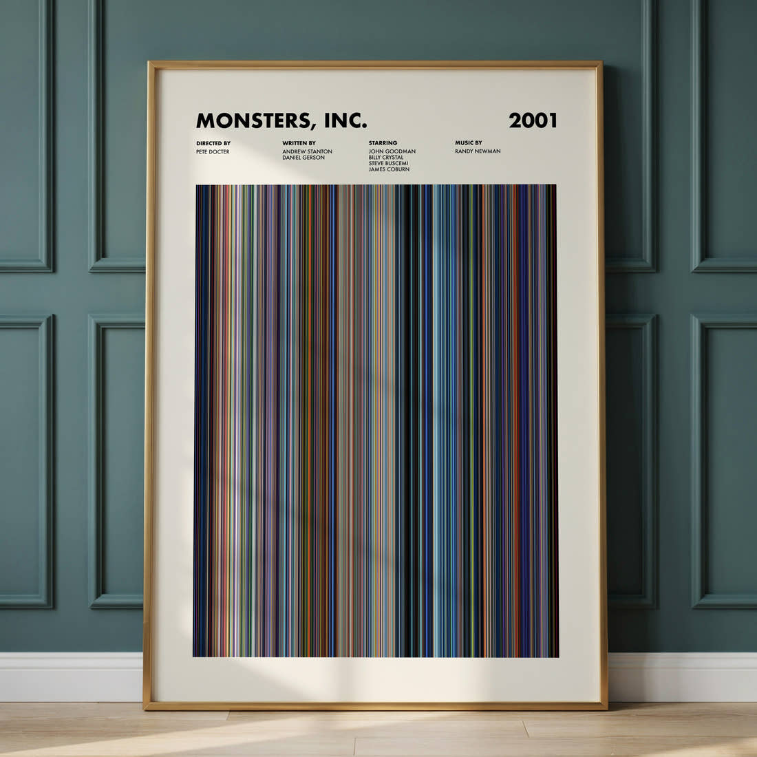 Monsters, Inc. Movie Barcode Poster framed and leaning against a panelled wall