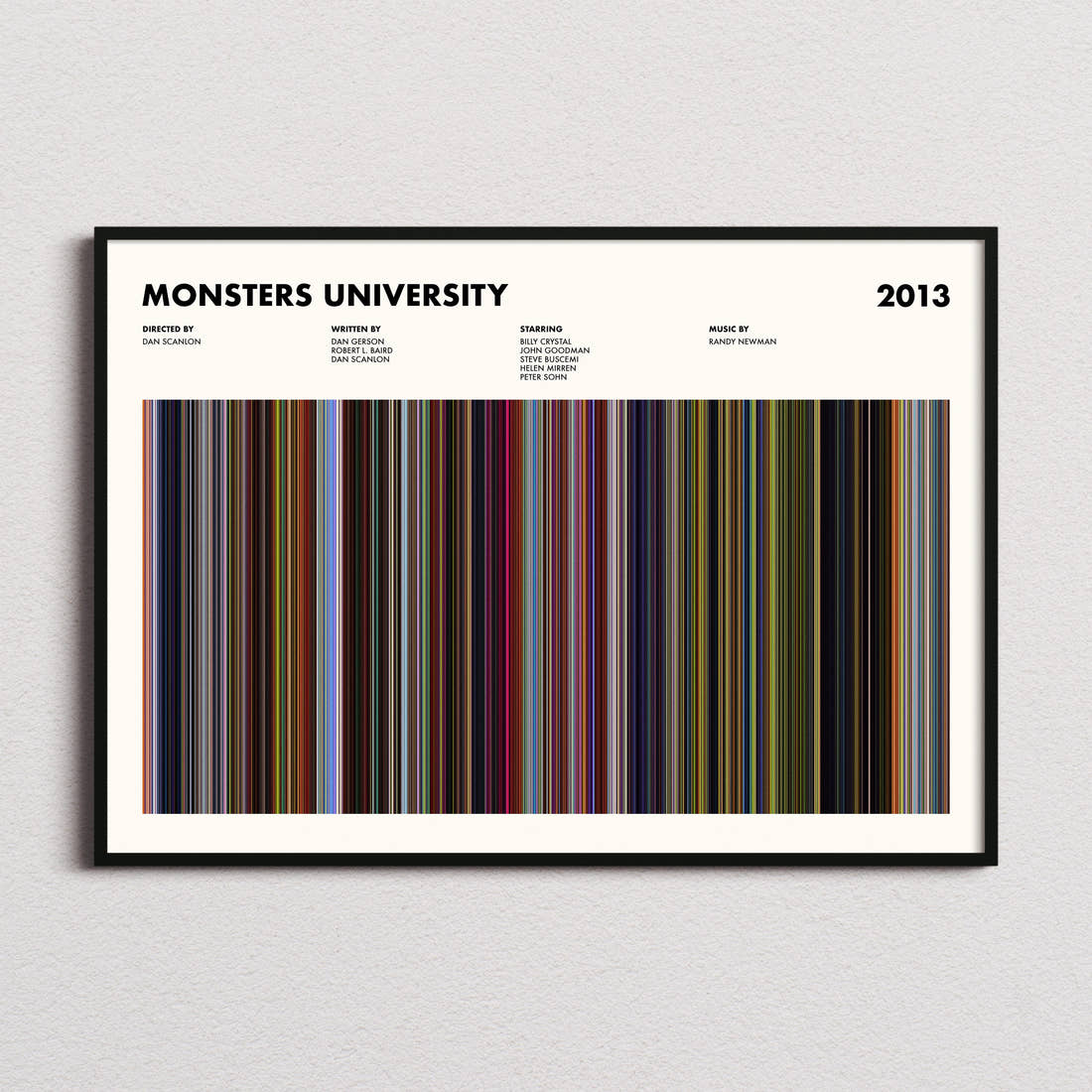 Monsters University Movie Barcode Poster framed and photographed straight on