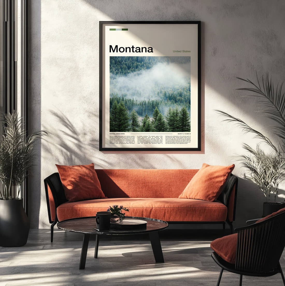 Montana Misty Forest Travel Print framed on the wall of a modern living room