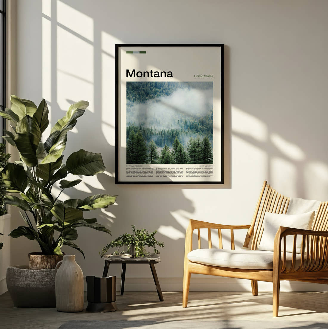 Montana Misty Forest Travel Print framed on a pale wall beside houseplants